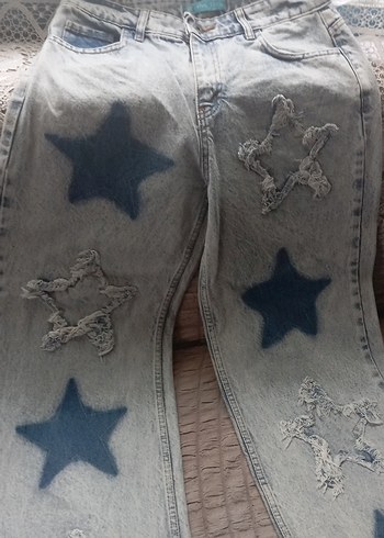 40 Beden Yıldız Desenli Salaş Midi Kot Pantolon