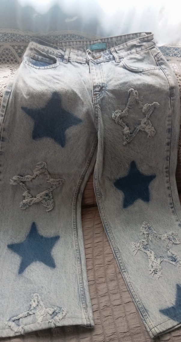 Yıldız Desenli Salaş Midi Kot Pantolon - Görsel 3