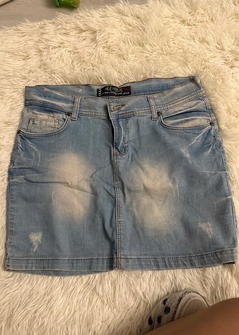 Gri Mavi Denim Mini Etek