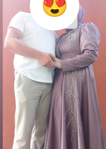 Diğer mor Baskılı Midi Tesettür Nişan Elbisesi