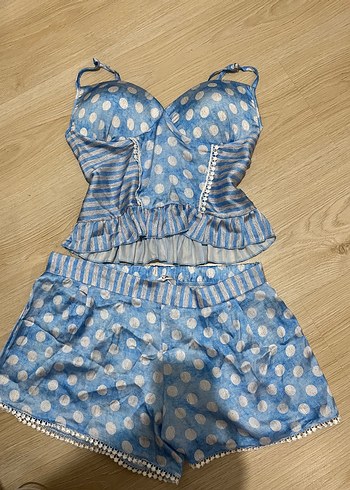 Mavi Puantiyeli Mini Bohem Kadın Pijama Takımı