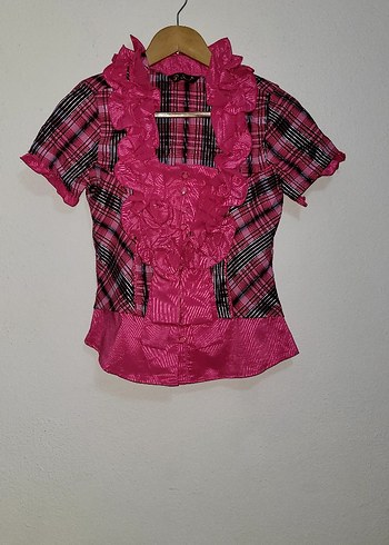 Düğmeli, kısa kollu, pembe y2k vintage pembe şık gömlek