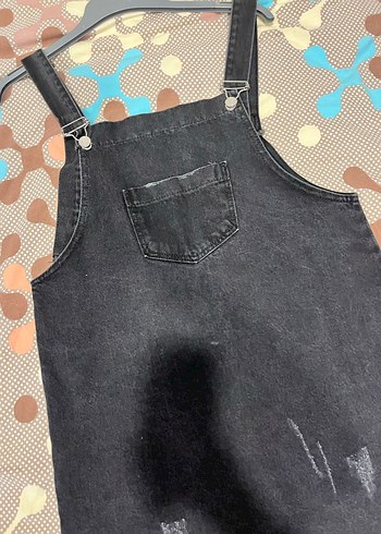 Siyah Bağcıklı Mini Kot Salopet - Görsel 2