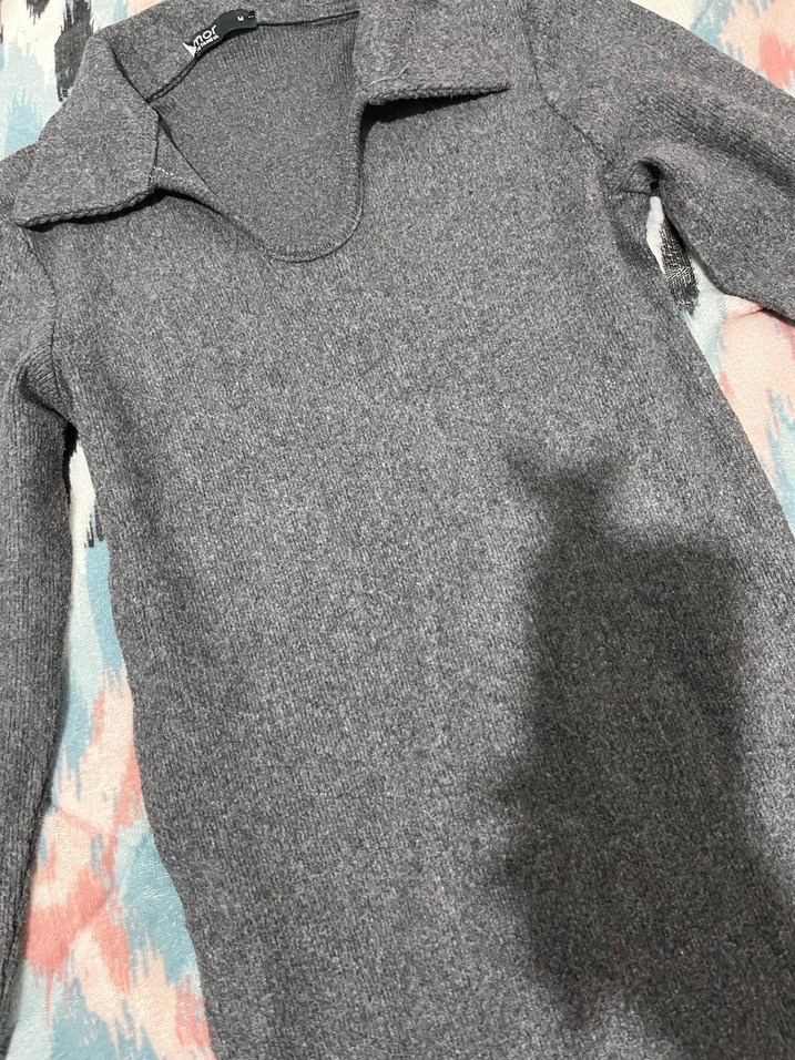 Gri Uzun Kollu Triko Elbise - Görsel 2