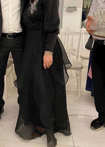 Uzun Kollu Siyah Nakışlı Abiye Elbise - Görsel 6