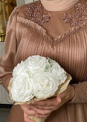 Bej Uzun Kollu Drapeli Abiye Elbise - Görsel 2