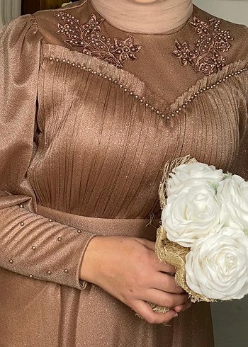 Bej Uzun Kollu Drapeli Abiye Elbise - Görsel 3