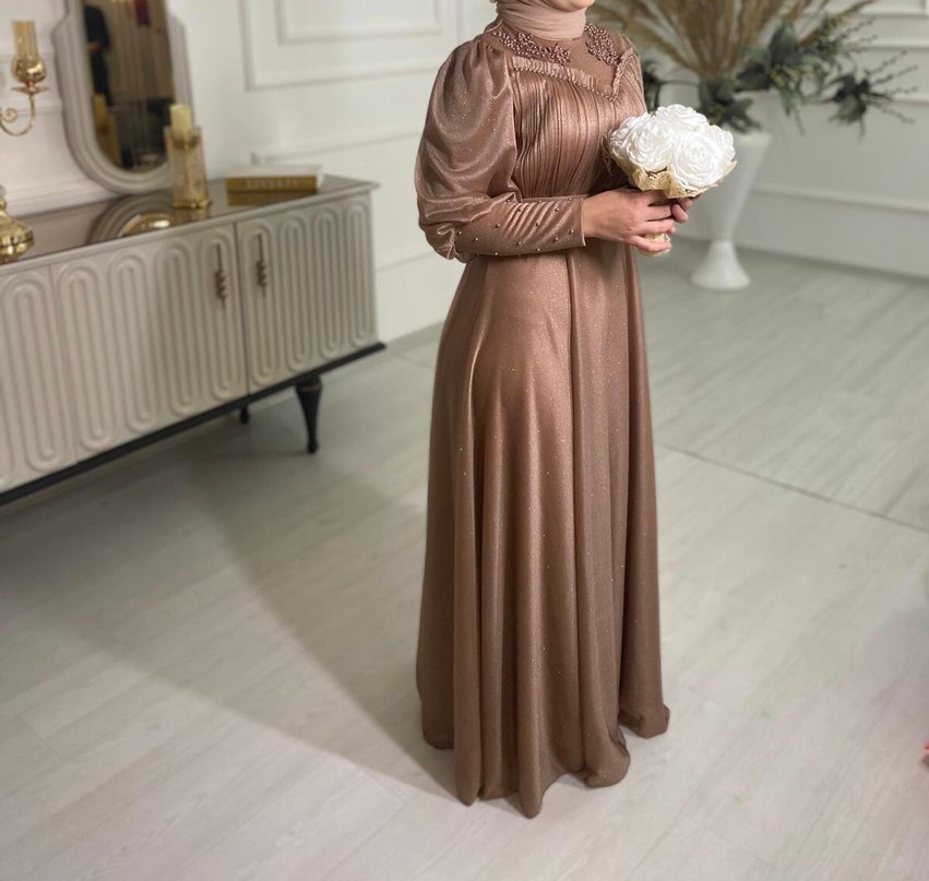 Bej Uzun Kollu Drapeli Abiye Elbise - Görsel 5