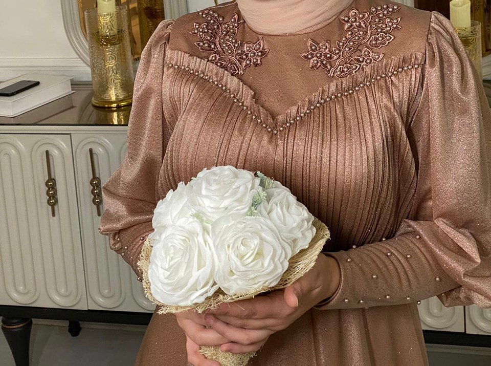 Bej Uzun Kollu Drapeli Abiye Elbise - Görsel 2