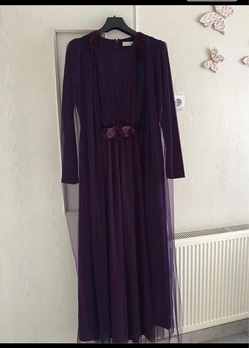 Uzun Mor Drapeli Tesettür Abiye - Görsel 2