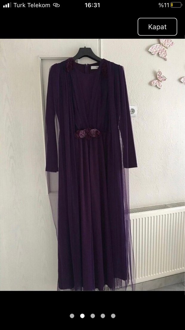 Uzun Mor Drapeli Tesettür Abiye - Görsel 2