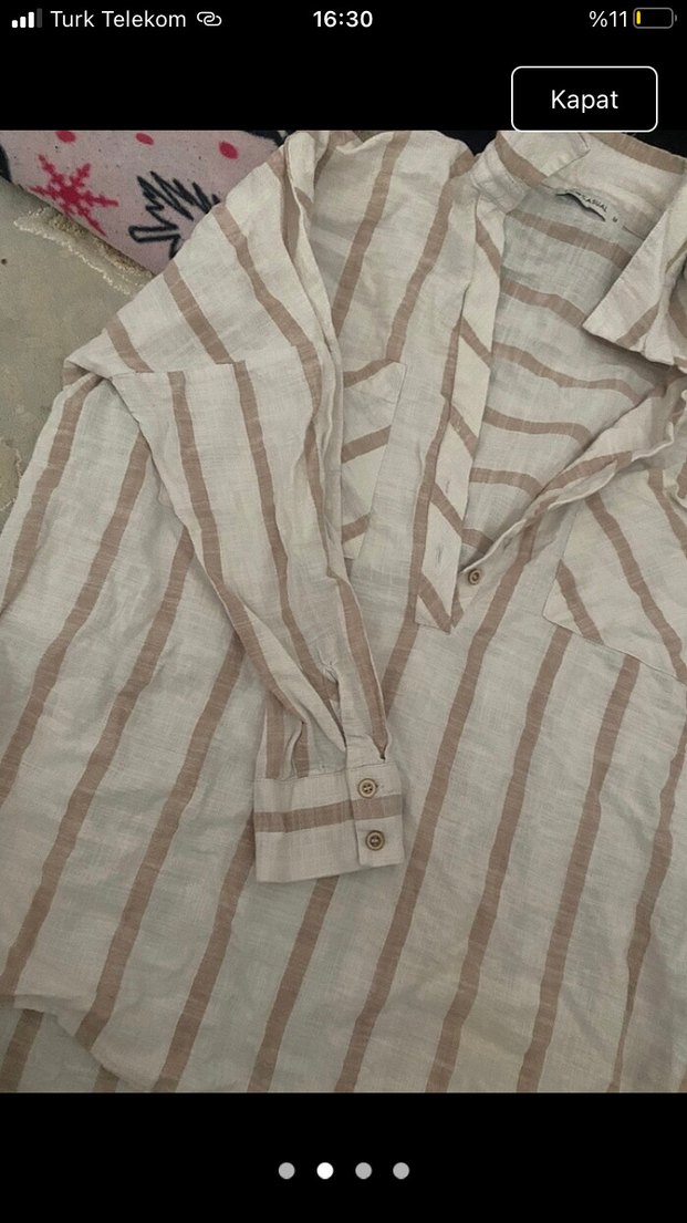 Bej Çizgili Kollu Keten Gömlek - Görsel 2