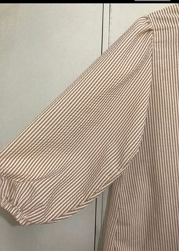 Bej Çizgili Uzun Kollu Kadın  Gömlek - Görsel 2