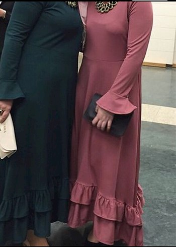 Uzun Kollu Fırfırlı Pembe Uzun Elbise - Görsel 2