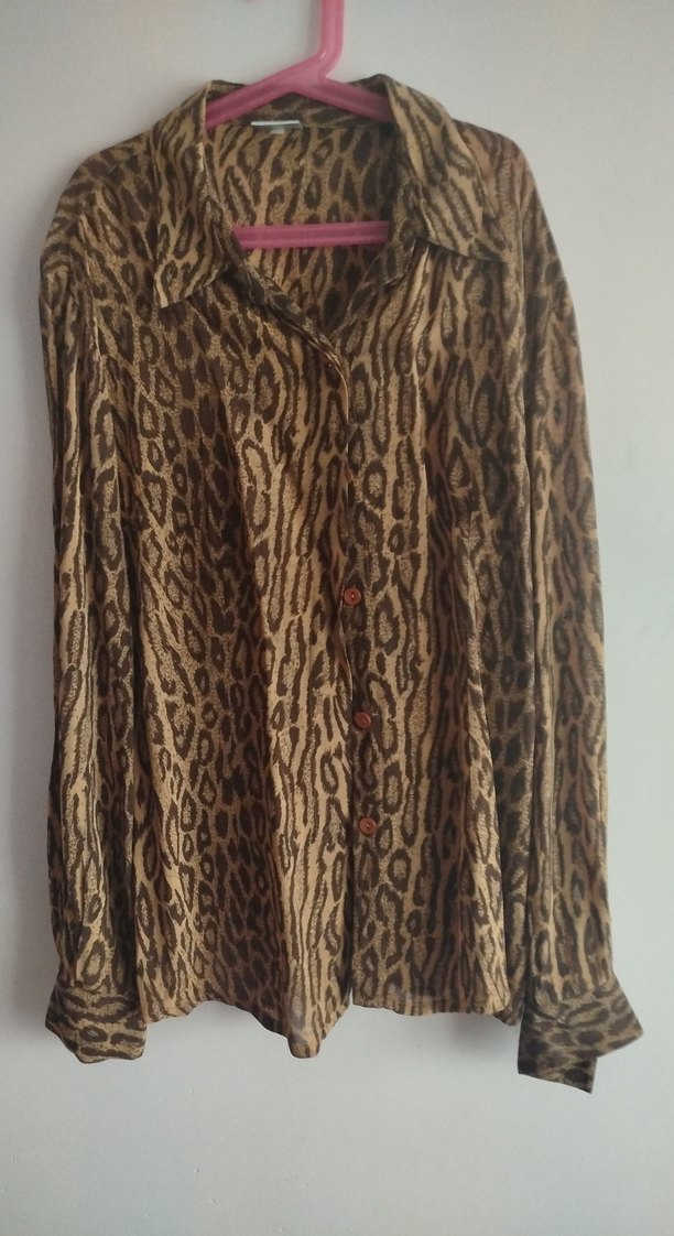 Düğmeli Leopar Desenli Bohem Kadın Gömlek - Görsel 4