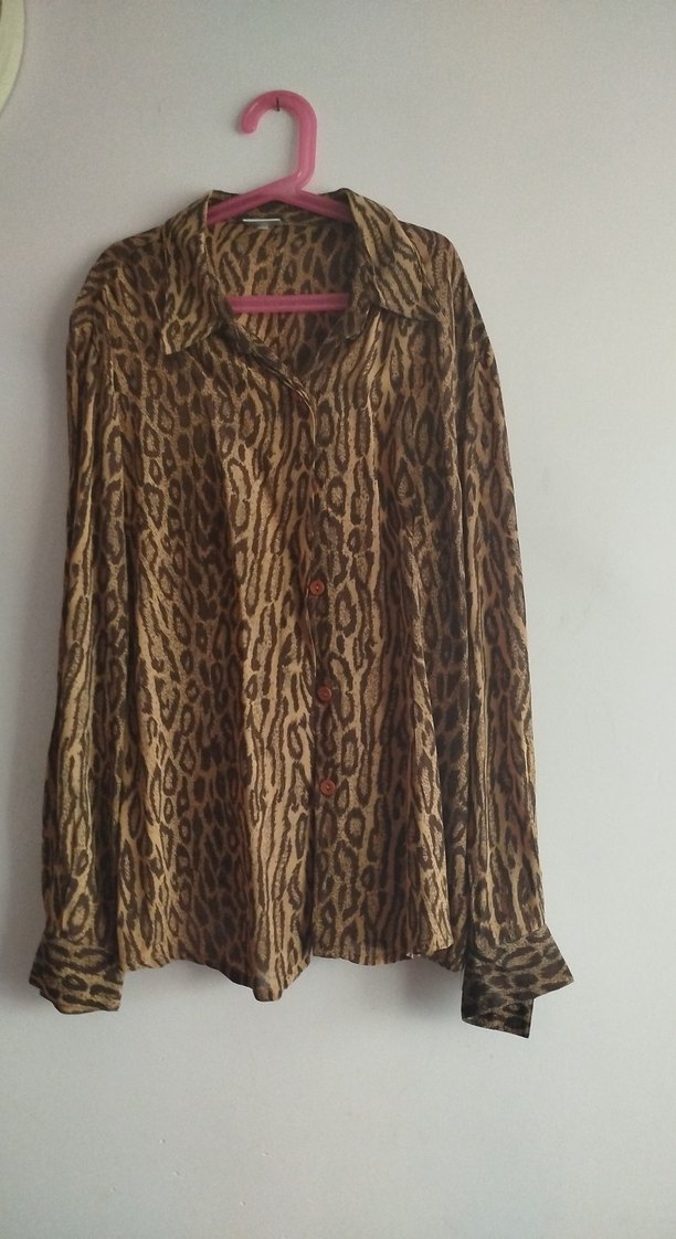 Düğmeli Leopar Desenli Bohem Kadın Gömlek - Görsel 2