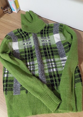 Vintage Yeşil Ekose Desenli Boğazlı Kadın Kazak - Görsel 2