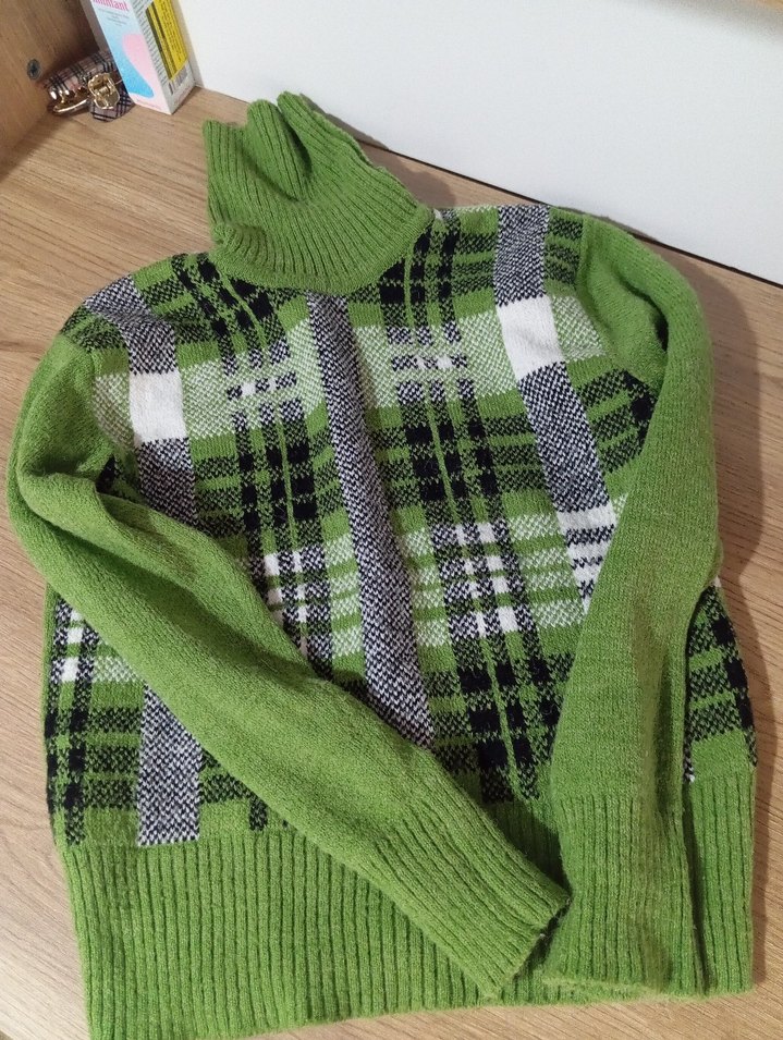 Vintage Yeşil Ekose Desenli Boğazlı Kadın Kazak - Görsel 2