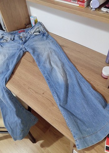 Vintage Düşük Bel İspanyol paça Mavi Kot - Görsel 3