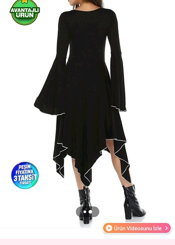 Siyah V Yaka Uzun Kollu Gotik Elbise - Görsel 2