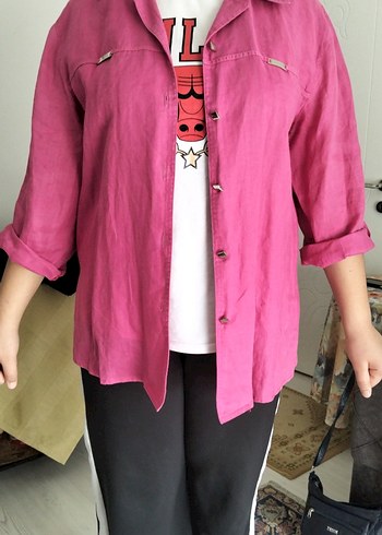 Düğmeli Pembe Keten Gömlek - Görsel 4