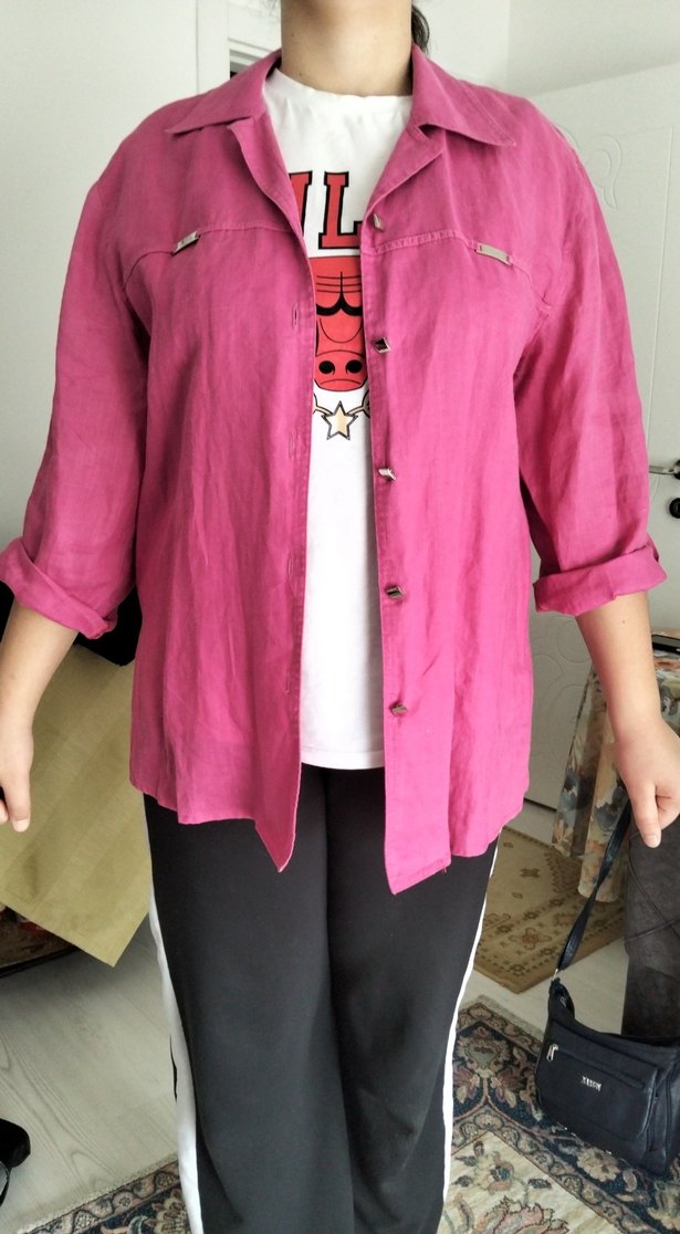 Düğmeli Pembe Keten Gömlek - Görsel 4