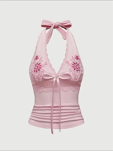 Coquette pembe boyundan bağlamalı bluz