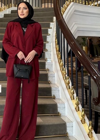 Bordo Kemerli Uzun Kadın Takım Elbise