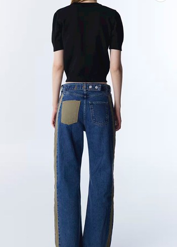 Çizgili Kemerli Mavi Midi Kot Pantolon - Görsel 3