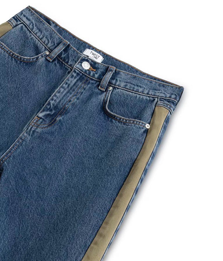 Çizgili kemerli Mavi Kadın Jean - Görsel 4