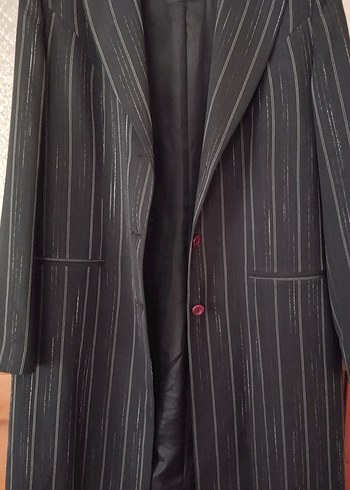 Düğmeli Siyah Çizgili Uzun Kadın Kaban - Görsel 3