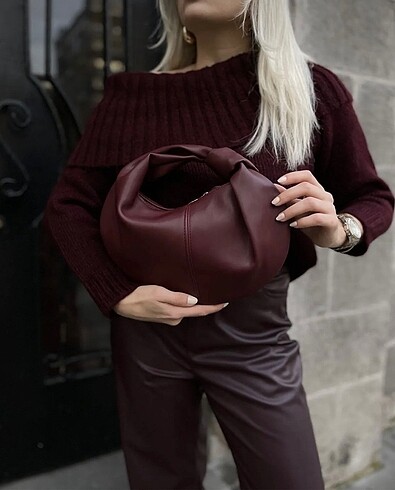 Kadin Bordo Mini Dügümlü El Çantasi