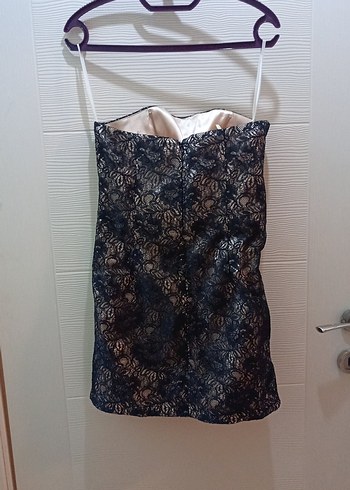 Dantel Detaylı Siyah Mini Straplez Elbise ve bolero ceket - Görsel 5