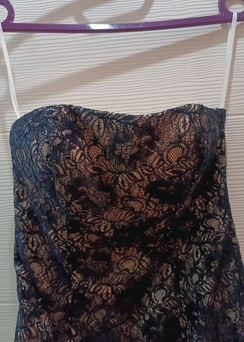 Dantel Detaylı Siyah Mini Straplez Elbise ve bolero ceket - Görsel 4