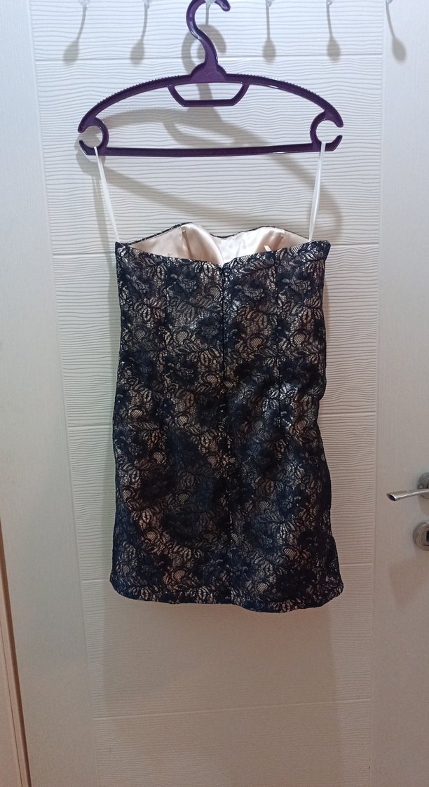 Dantel Detaylı Siyah Mini Straplez Elbise ve bolero ceket - Görsel 5