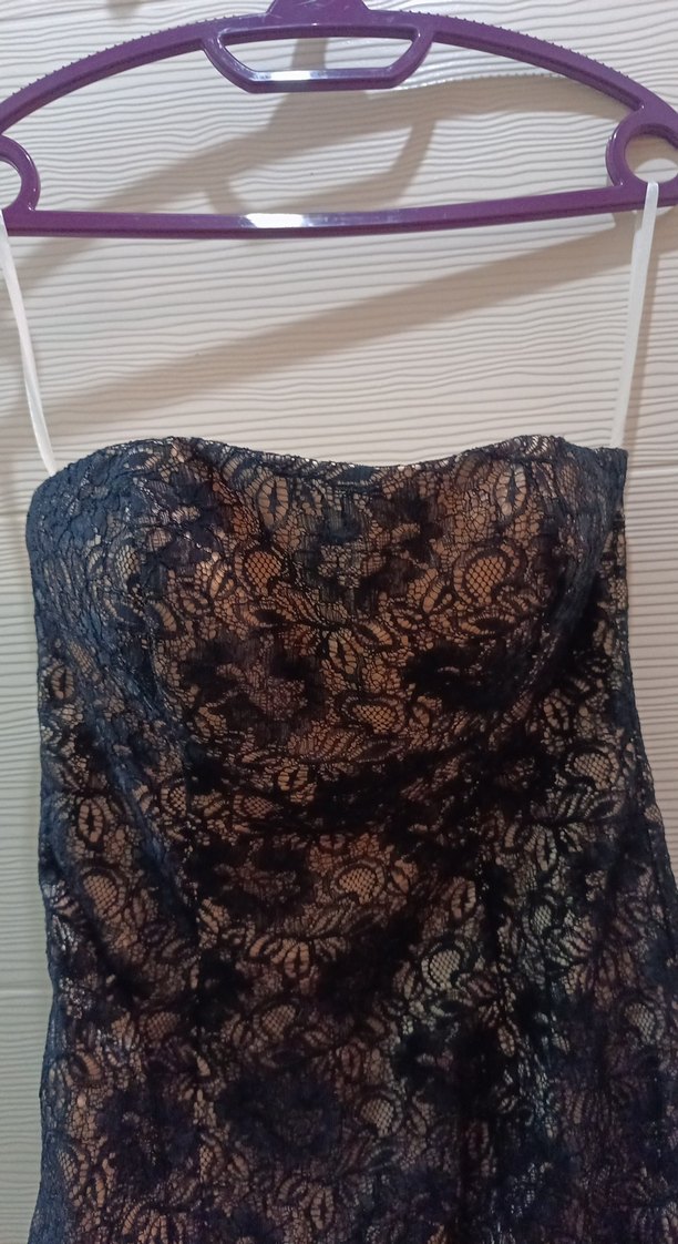 Dantel Detaylı Siyah Mini Straplez Elbise ve bolero ceket - Görsel 4