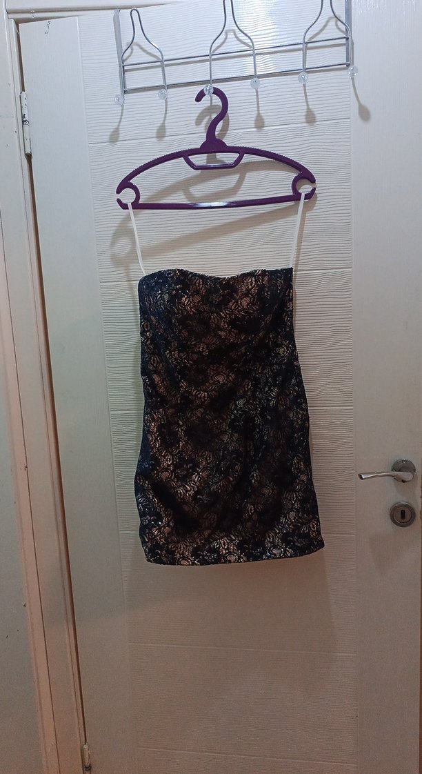 Dantel Detaylı Siyah Mini Straplez Elbise ve bolero ceket - Görsel 3