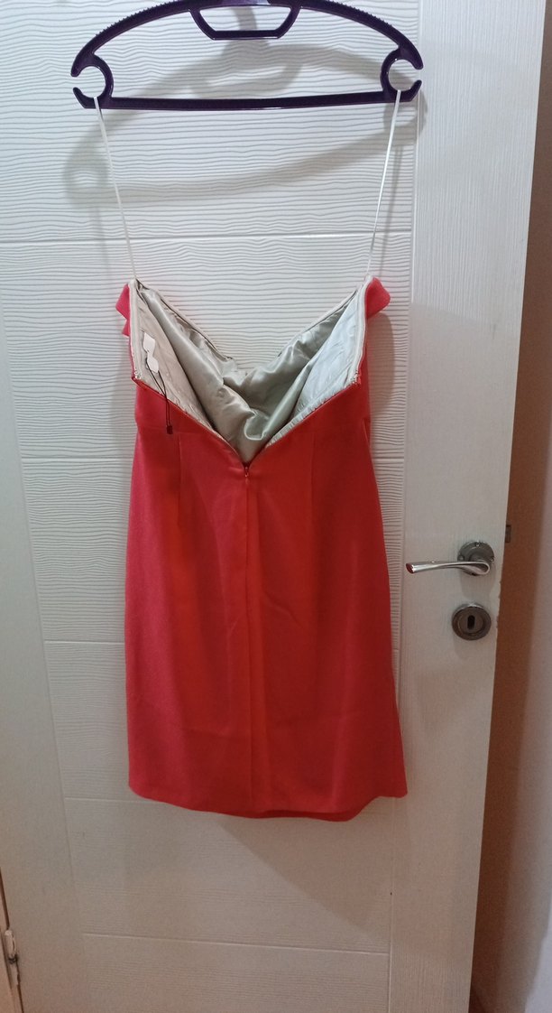 Somon Drapeli Straplez kısa Abiye Elbise - Görsel 5