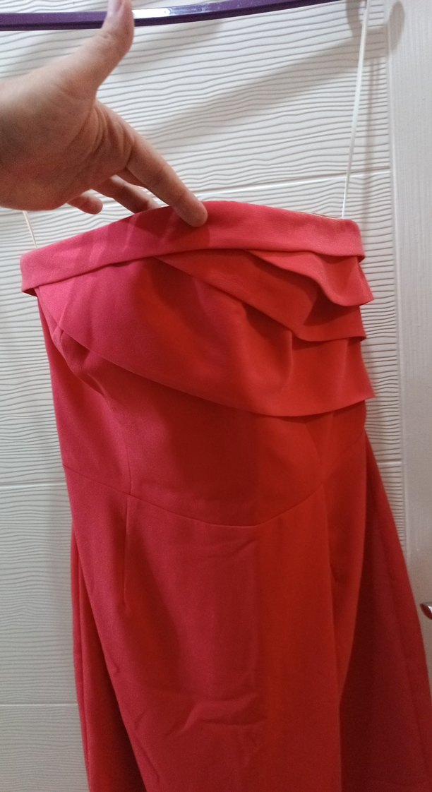 Somon Drapeli Straplez kısa Abiye Elbise - Görsel 2