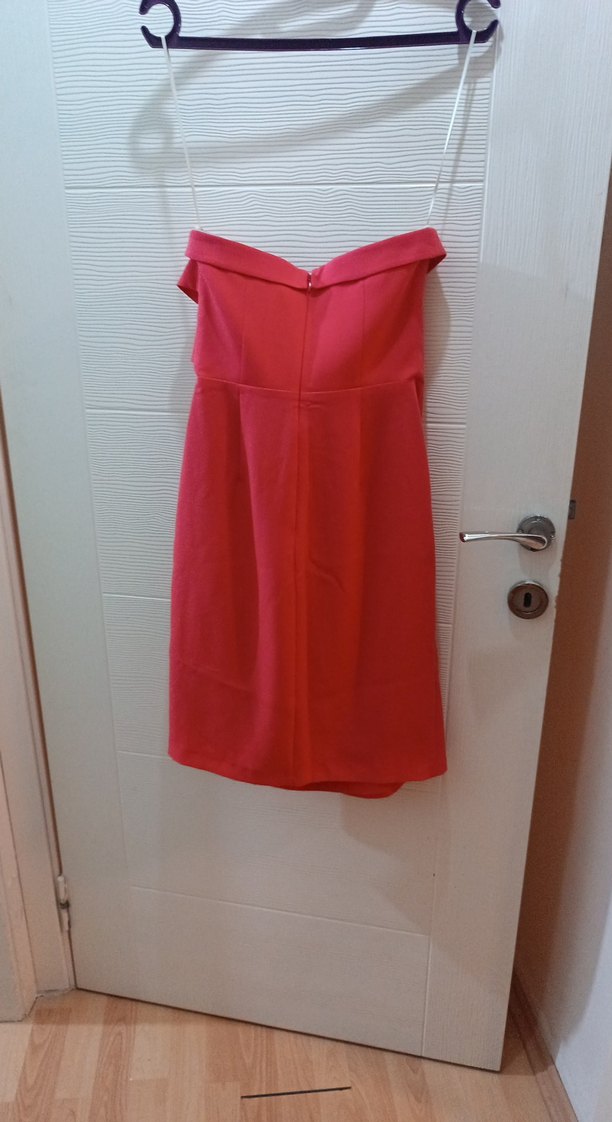 Somon Drapeli Straplez kısa Abiye Elbise - Görsel 4