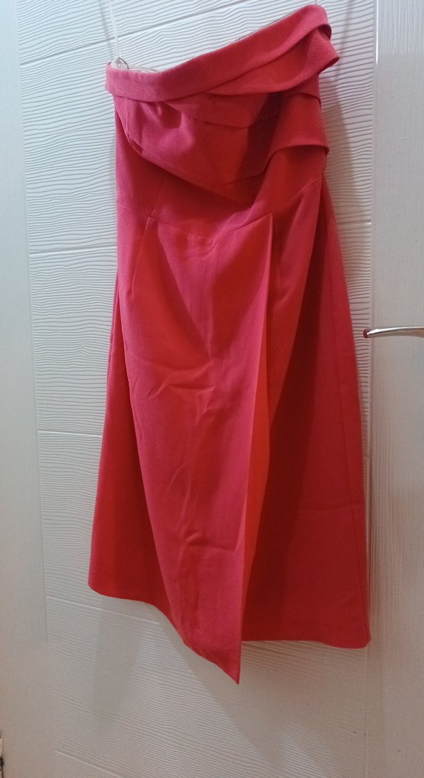 Somon Drapeli Straplez kısa Abiye Elbise - Görsel 3