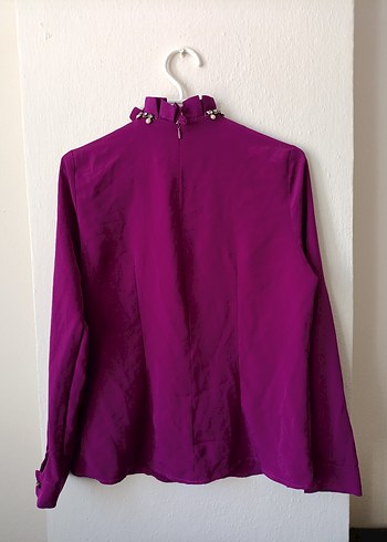 Mor Saten Kadın Gömlek, Fırfırlı Yakalı - Görsel 5