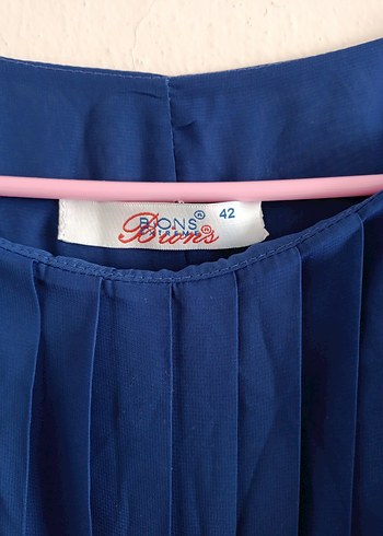 Lacivert Pilili Kolsuz Uzun Keten Elbise - Görsel 5