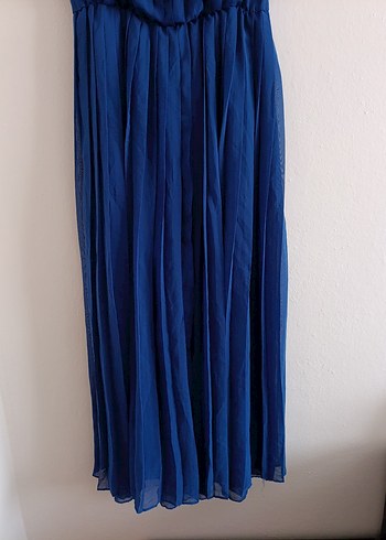 Lacivert Pilili Kolsuz Uzun Keten Elbise - Görsel 4