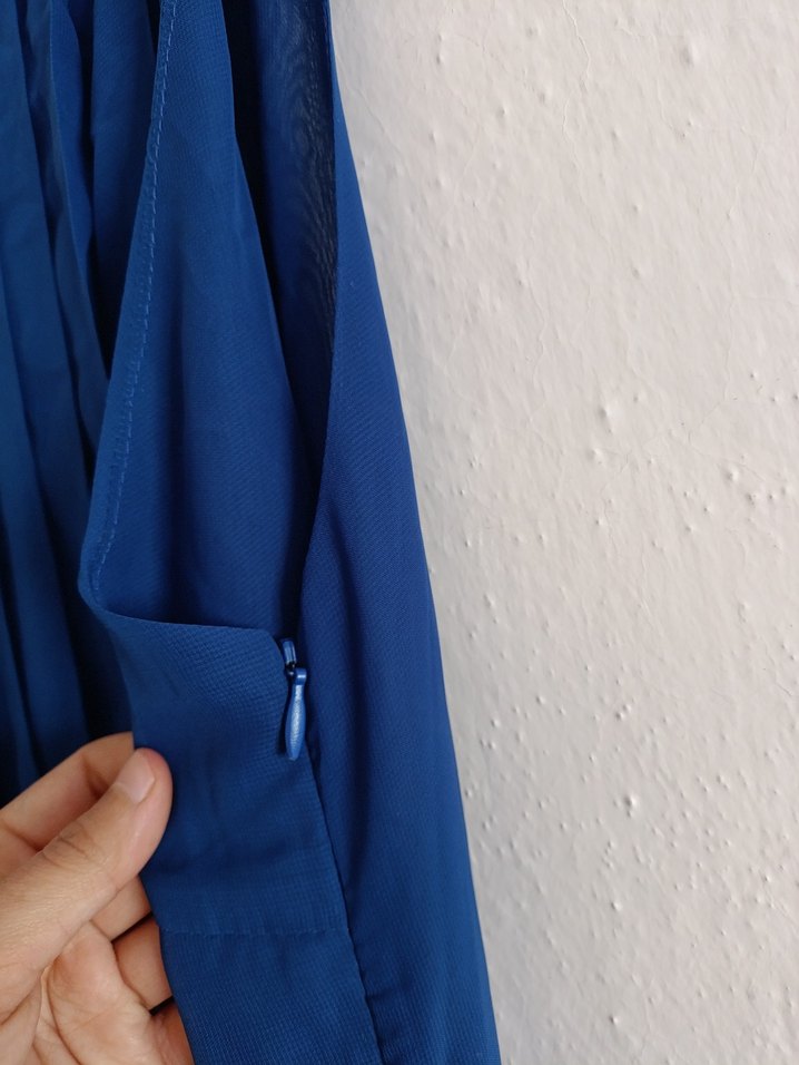 Lacivert Pilili Kolsuz Uzun Keten Elbise - Görsel 2