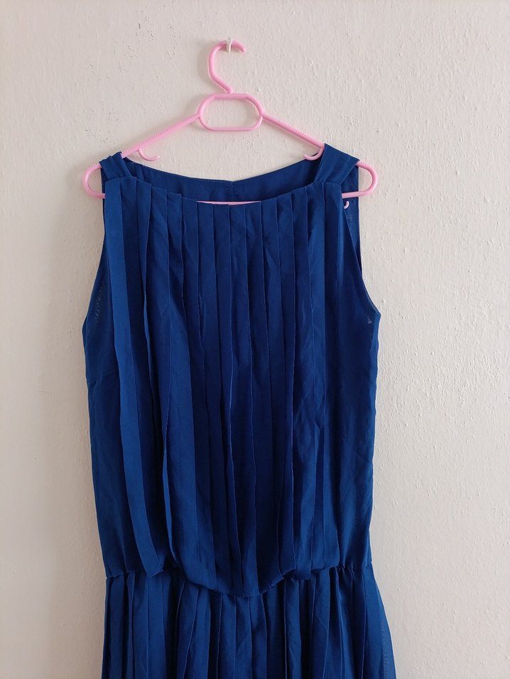 Lacivert Pilili Kolsuz Uzun Keten Elbise - Görsel 3