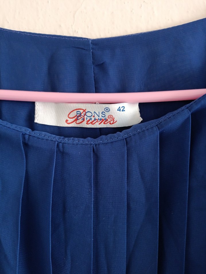 Lacivert Pilili Kolsuz Uzun Keten Elbise - Görsel 5