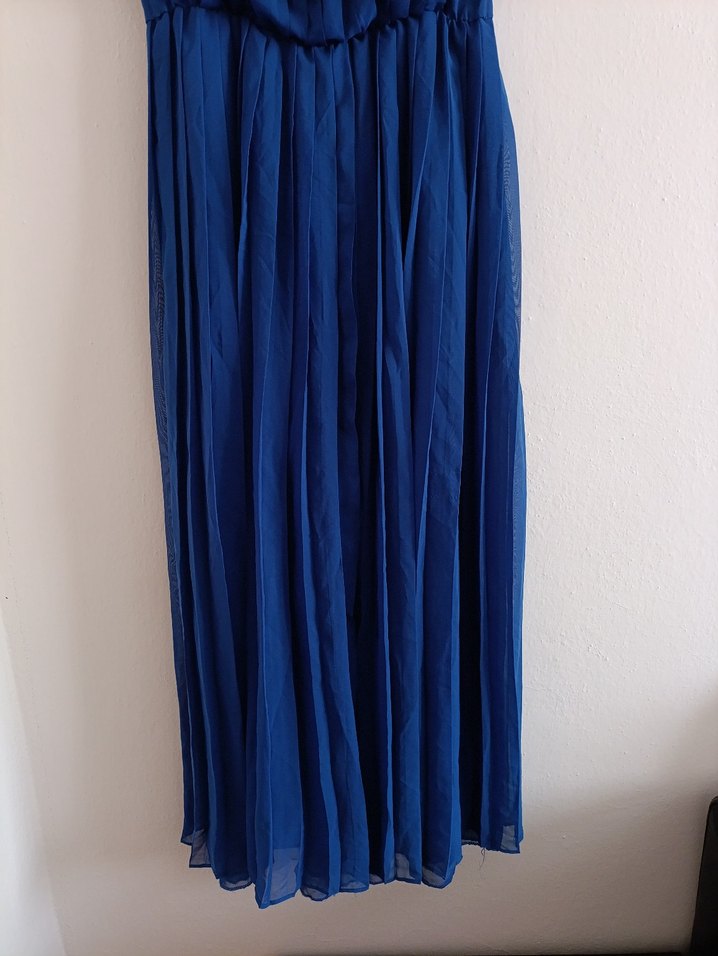 Lacivert Pilili Kolsuz Uzun Keten Elbise - Görsel 4