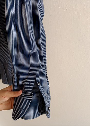 lacivert beyaz çizgili erkek gömleği - Görsel 3