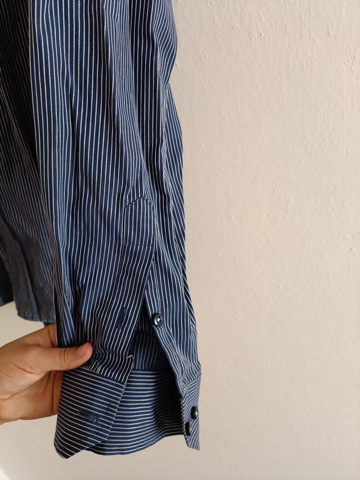 lacivert beyaz çizgili erkek gömleği - Görsel 3